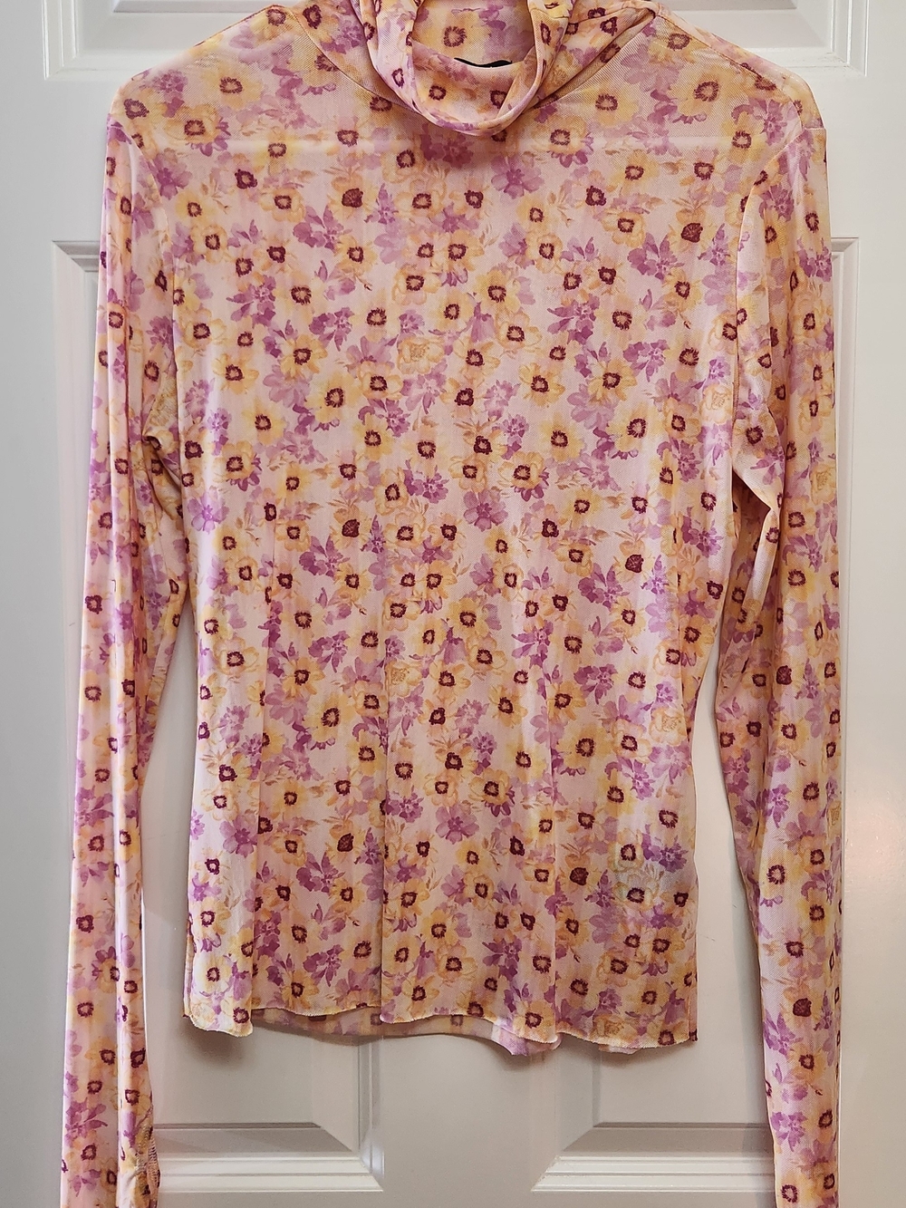 AFIRM-Floral Print Long-Sleeve Turtleneck Top in Pink, Yellow, and Lavender. XL.